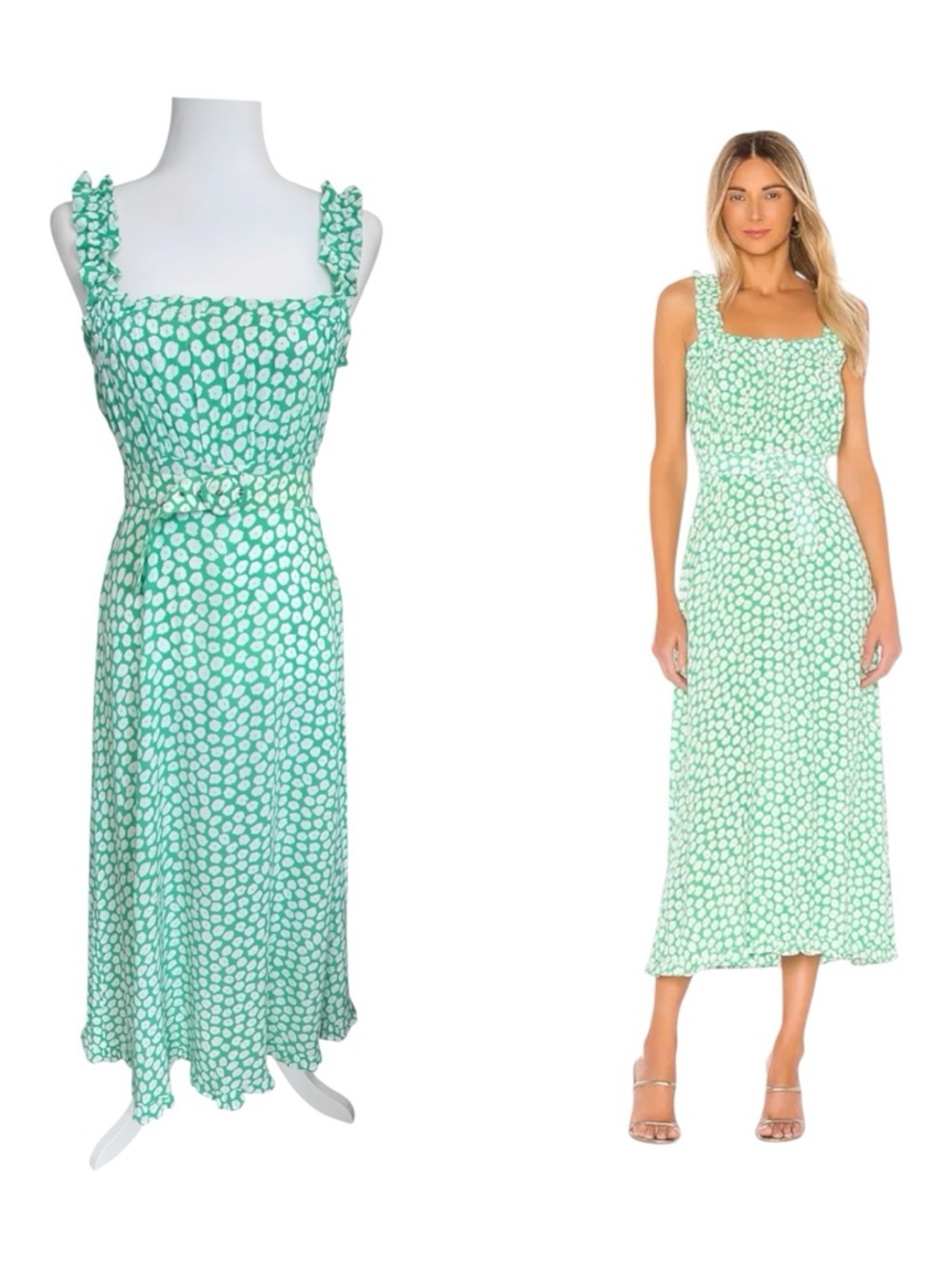 Faithfull The Brand Saint Tropez Midi Dress XS Green Floral Smocked Belted Rayon